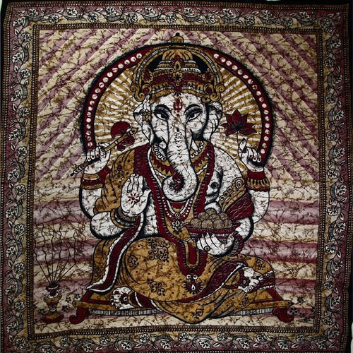 Ganesha Holding Lotus Flower In Batik Style Tie Dye Tapestry