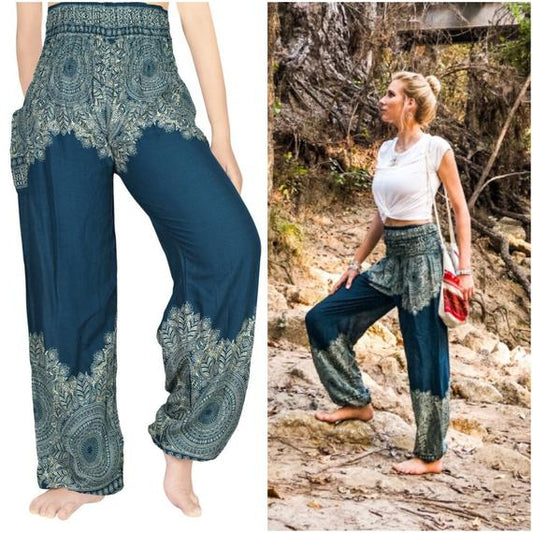 Teal FLORAL Women Boho Pants Hippie Pants Yoga Pants